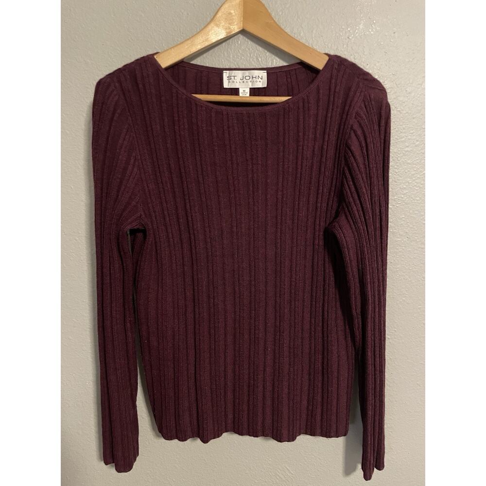St John Collection Womens Top Medium Maroon Wool Stretch Ribbed Long Sleeve READ